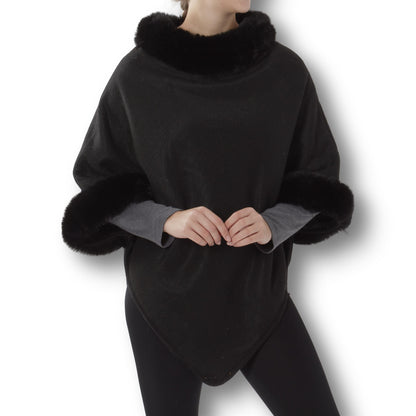 Black Faux Fur Collar & Cuff Poncho