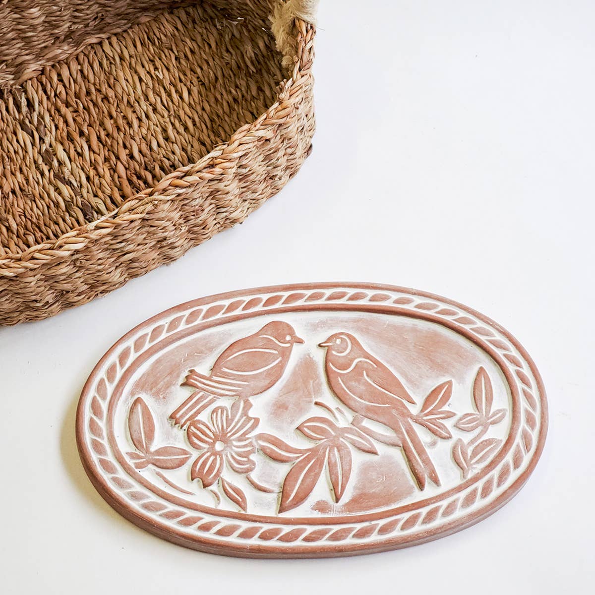 Oval Handmade Bread Warmer & Wicker Basket - Lovebirds