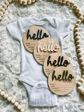 Load image into Gallery viewer, Wooden Birth Stat Announcement Disc - Hello World