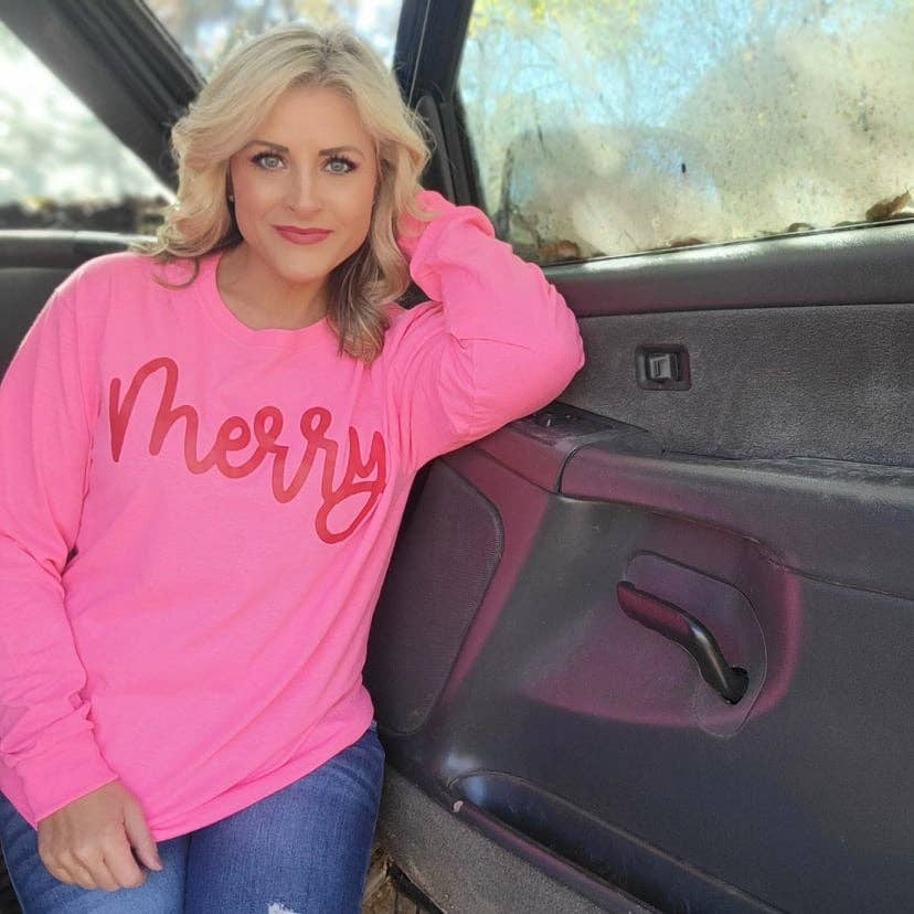 Long Sleeve Merry Graphic Tee - Hot Pink