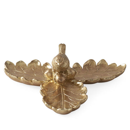 Gold Resin Leaf Tray with Bird & Acorns