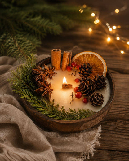 Christmas Wood Wick Candle in Wooden Bowl