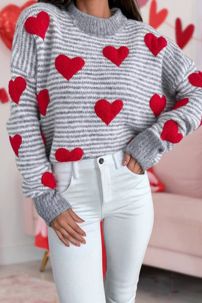 Stripe Contrast Heart Brush Knit Sweater