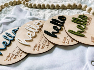 Wooden Birth Stat Announcement Disc - Hello World