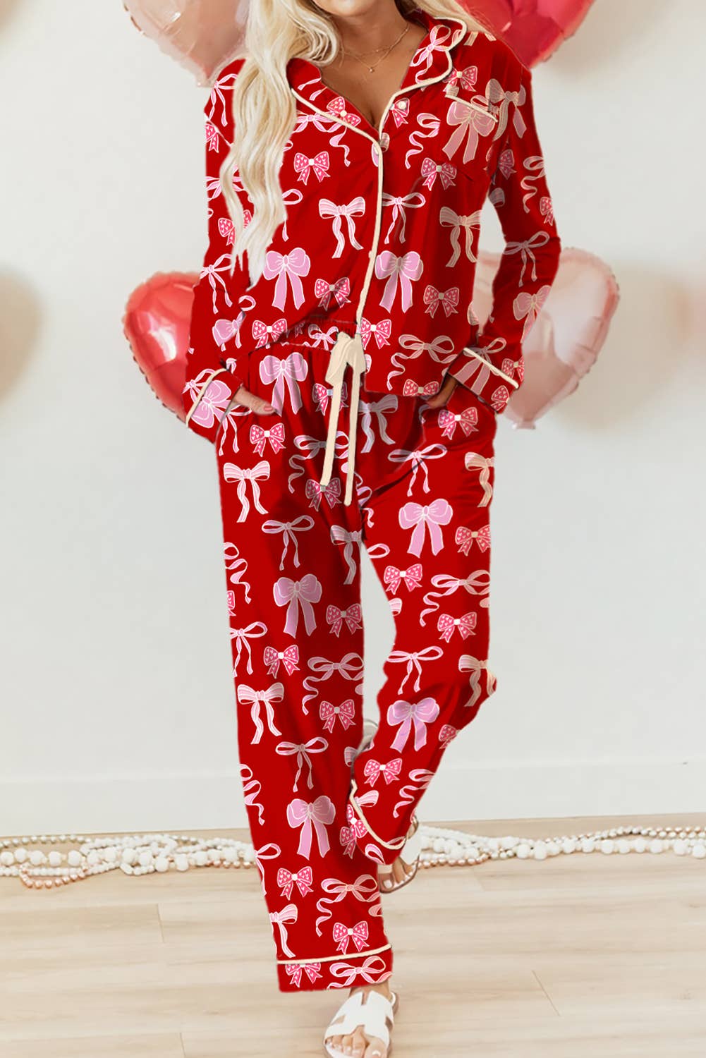 Red & Pink Bow Print Festival Pajama Set