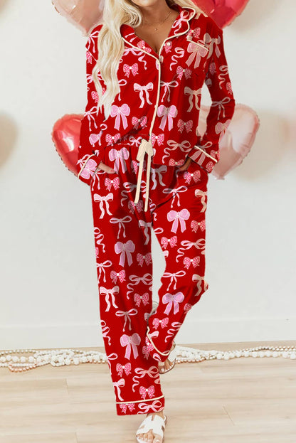 Red & Pink Bow Print Festival Pajama Set