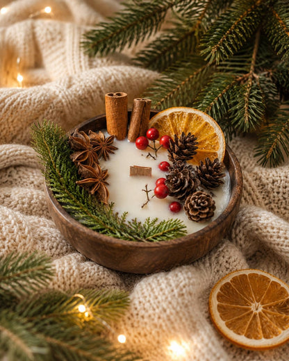 Christmas Wood Wick Candle in Wooden Bowl