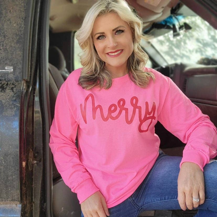 Long Sleeve Merry Graphic Tee - Hot Pink