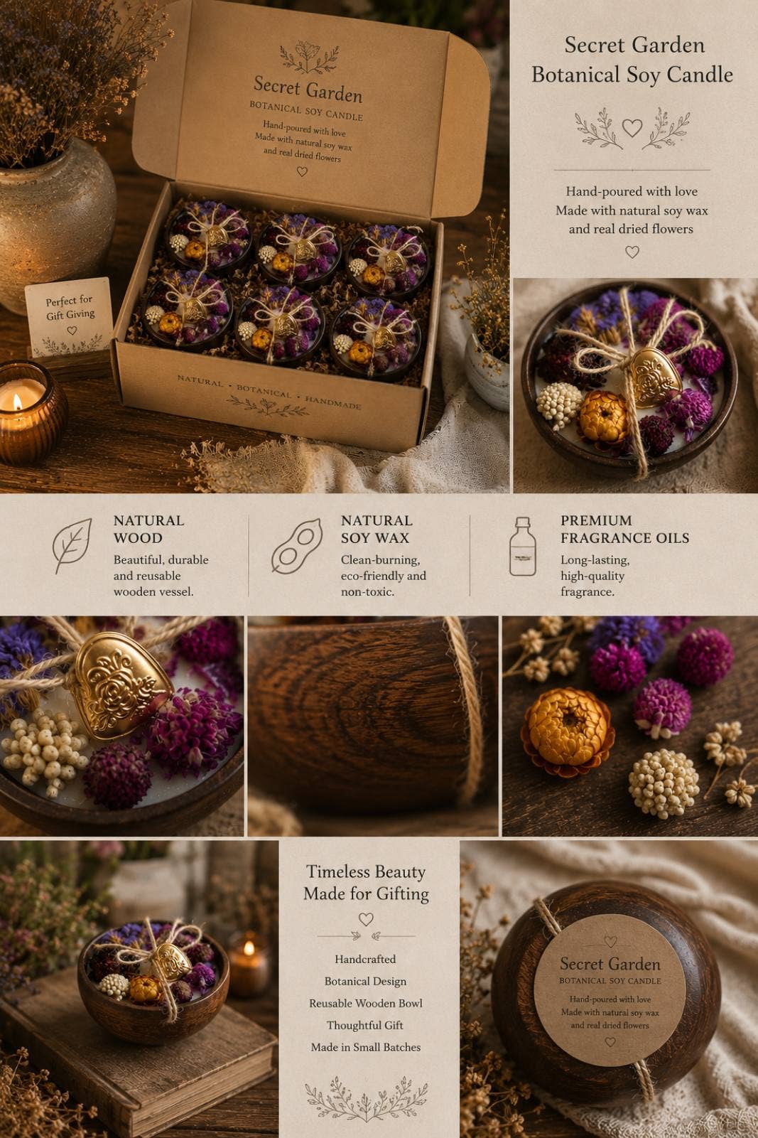 Wildflower Heart & Botanical Wooden Bowl Soy Candle
