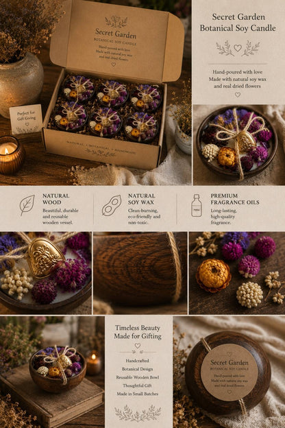 Wildflower Heart & Botanical Wooden Bowl Soy Candle