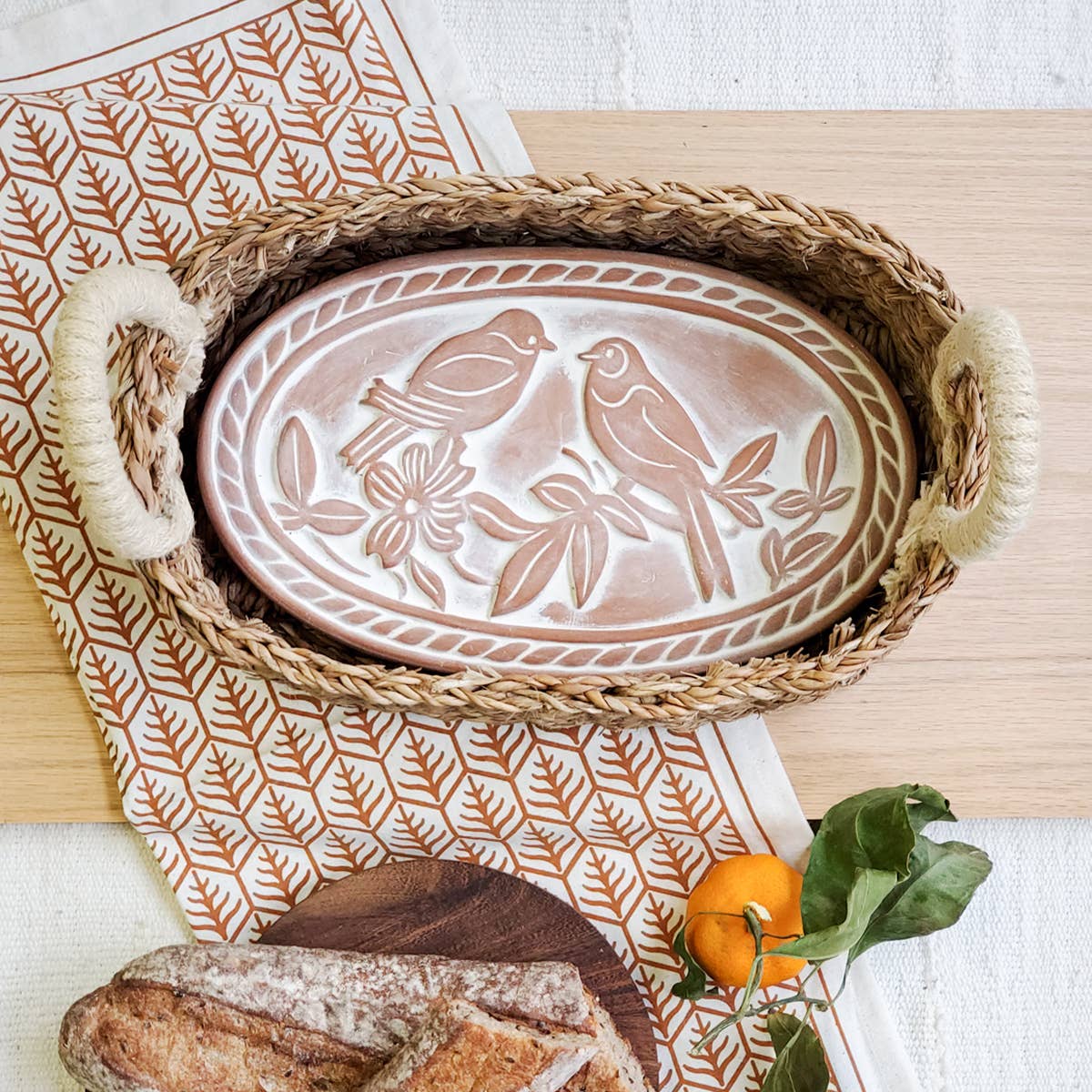 Oval Handmade Bread Warmer & Wicker Basket - Lovebirds