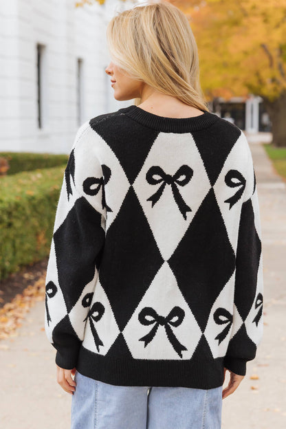 Bow Black & White Rhombus Knit Loose Fit Sweater