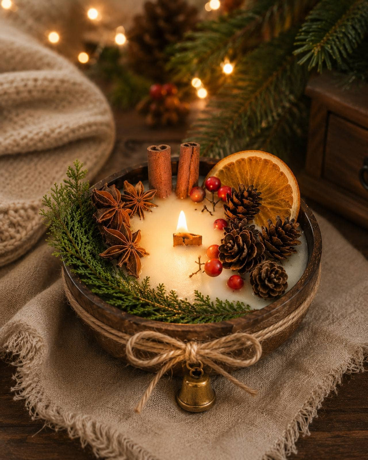 Christmas Wood Wick Candle in Wooden Bowl
