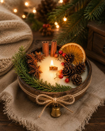 Christmas Wood Wick Candle in Wooden Bowl