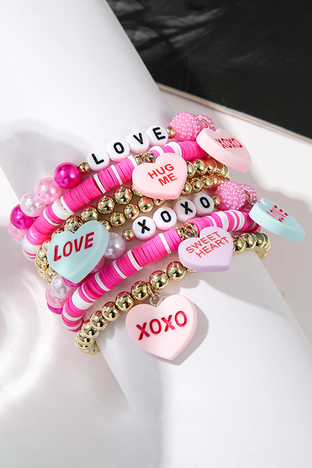 Valentine Heart Beaded Elastic Bracelet Set