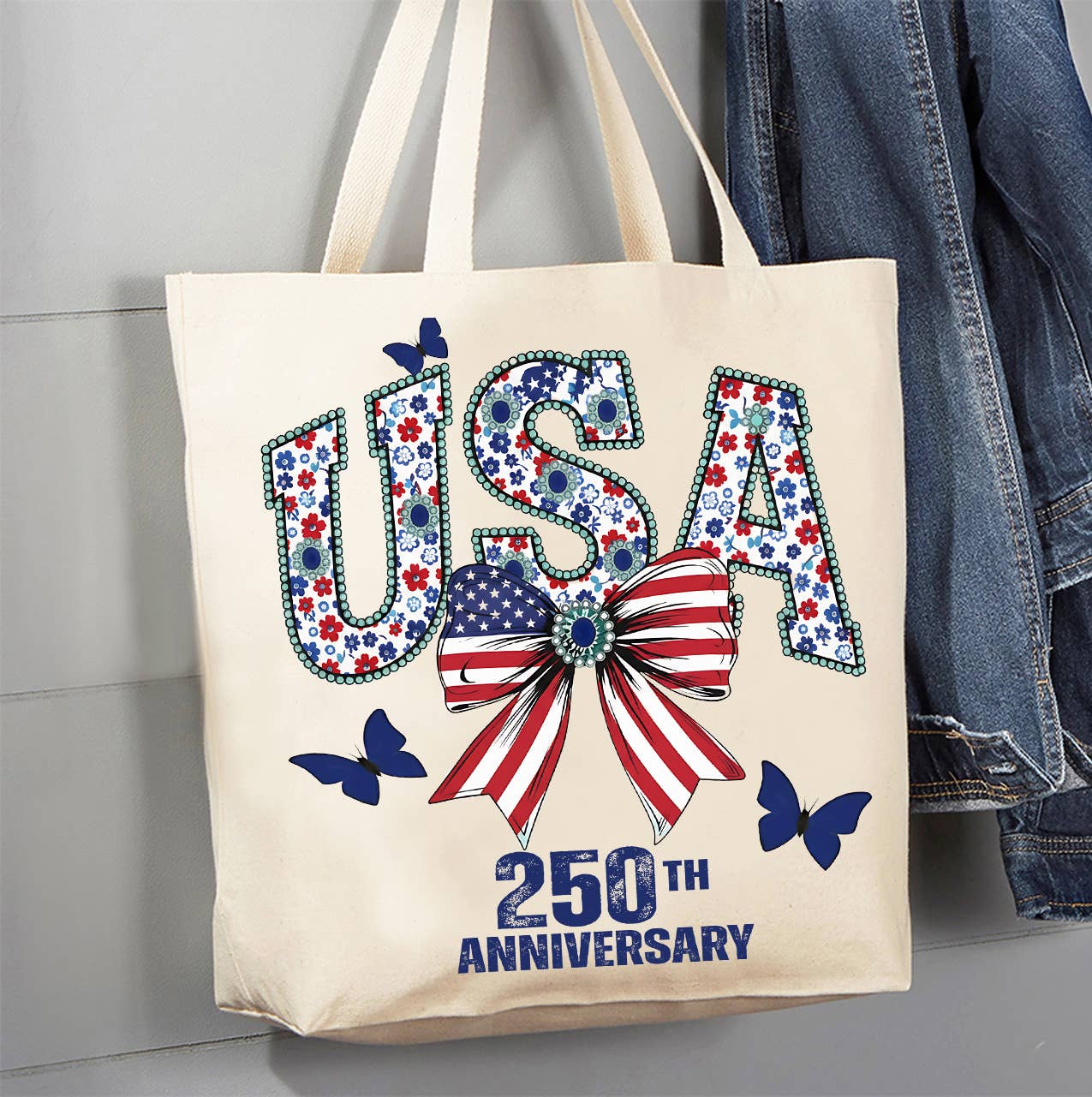 U.S 250th Anniversary Bow & USA Canvas Tote Bag
