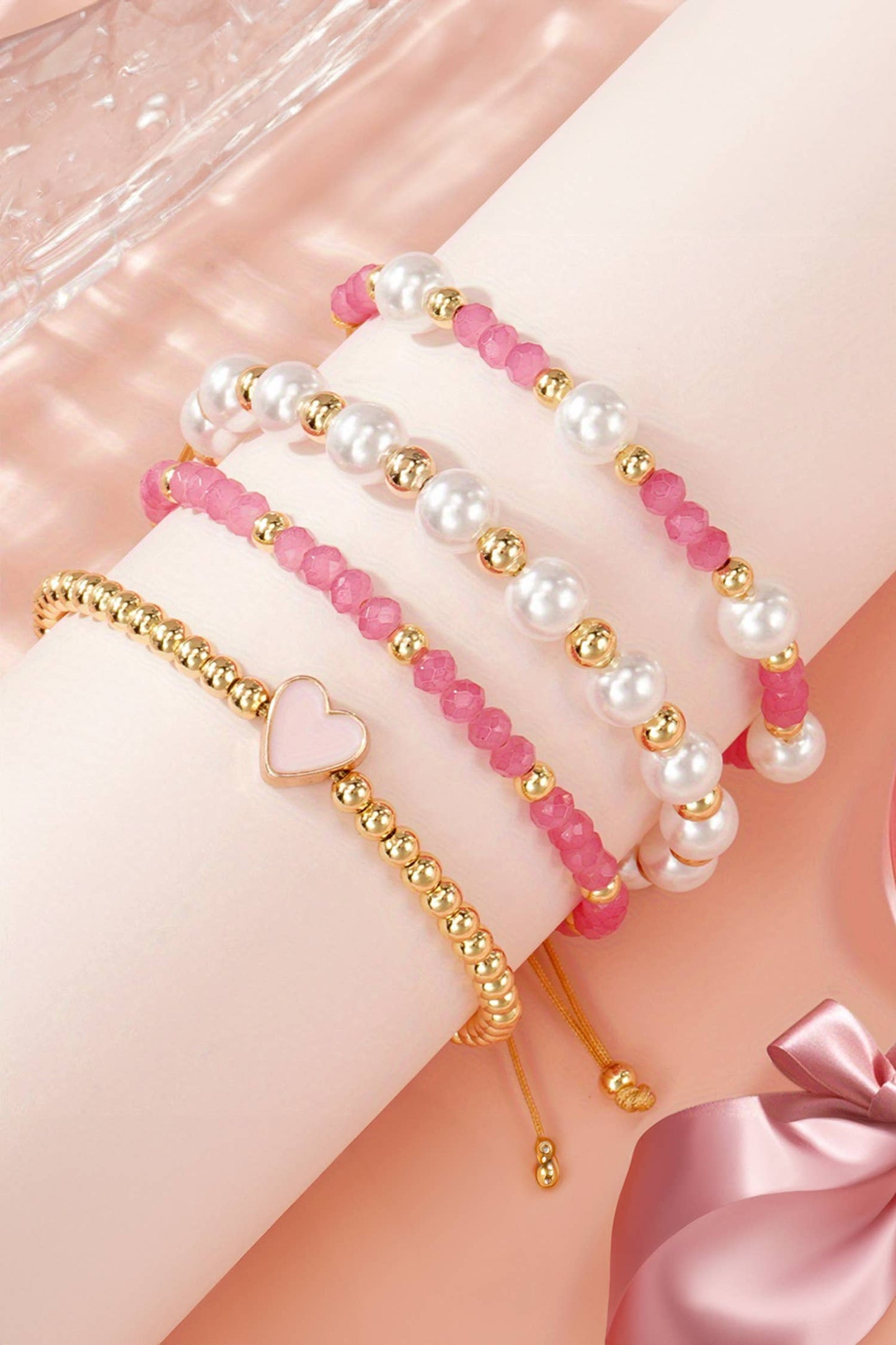 Valentine's Heart & Golden Beads Bracelet Set