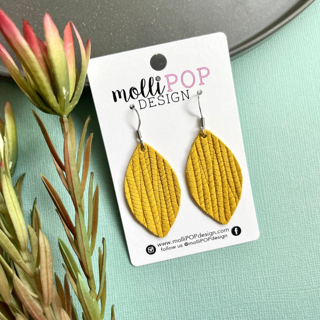 Palm Leather Leaf Earrings - Mustard