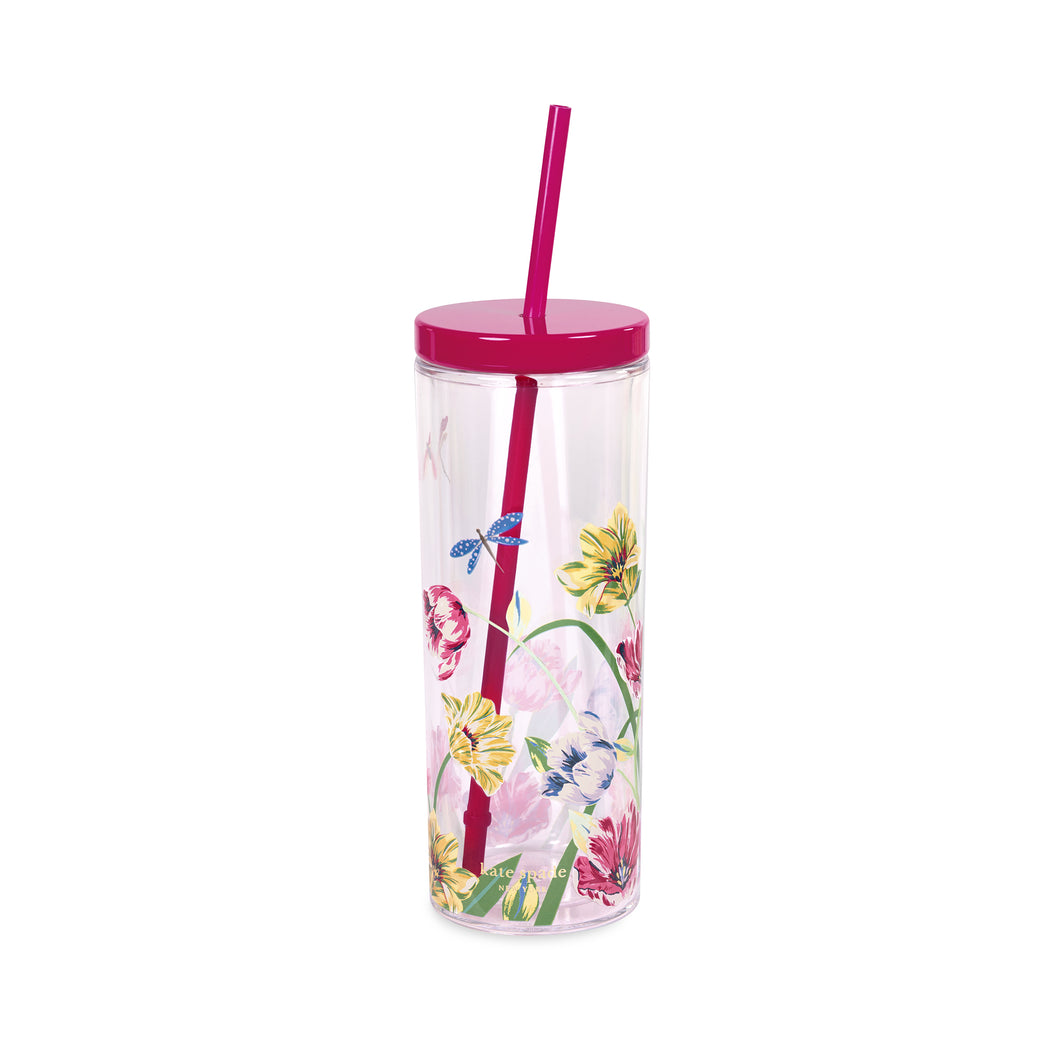 Acrylic Tumbler with Straw - Dragonflies and Tulips