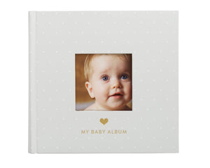 Baby Photo Album with Guided Journal Pages, Gray Polka Dots