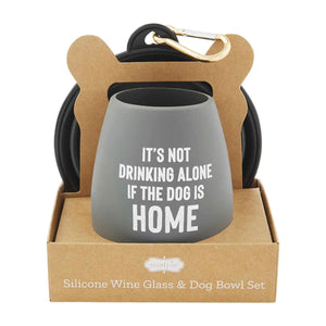 "Alone" Gray Wine Glass and Dog Bowl Set