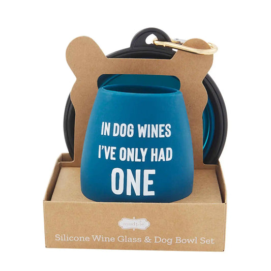 "In Dog Wines" Blue Wine Glass and Dog Bowl Set