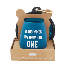 Load image into Gallery viewer, &quot;In Dog Wines&quot; Blue Wine Glass and Dog Bowl Set