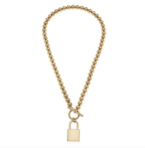 Grayson Padlock T-Bar Necklace in Worn Gold