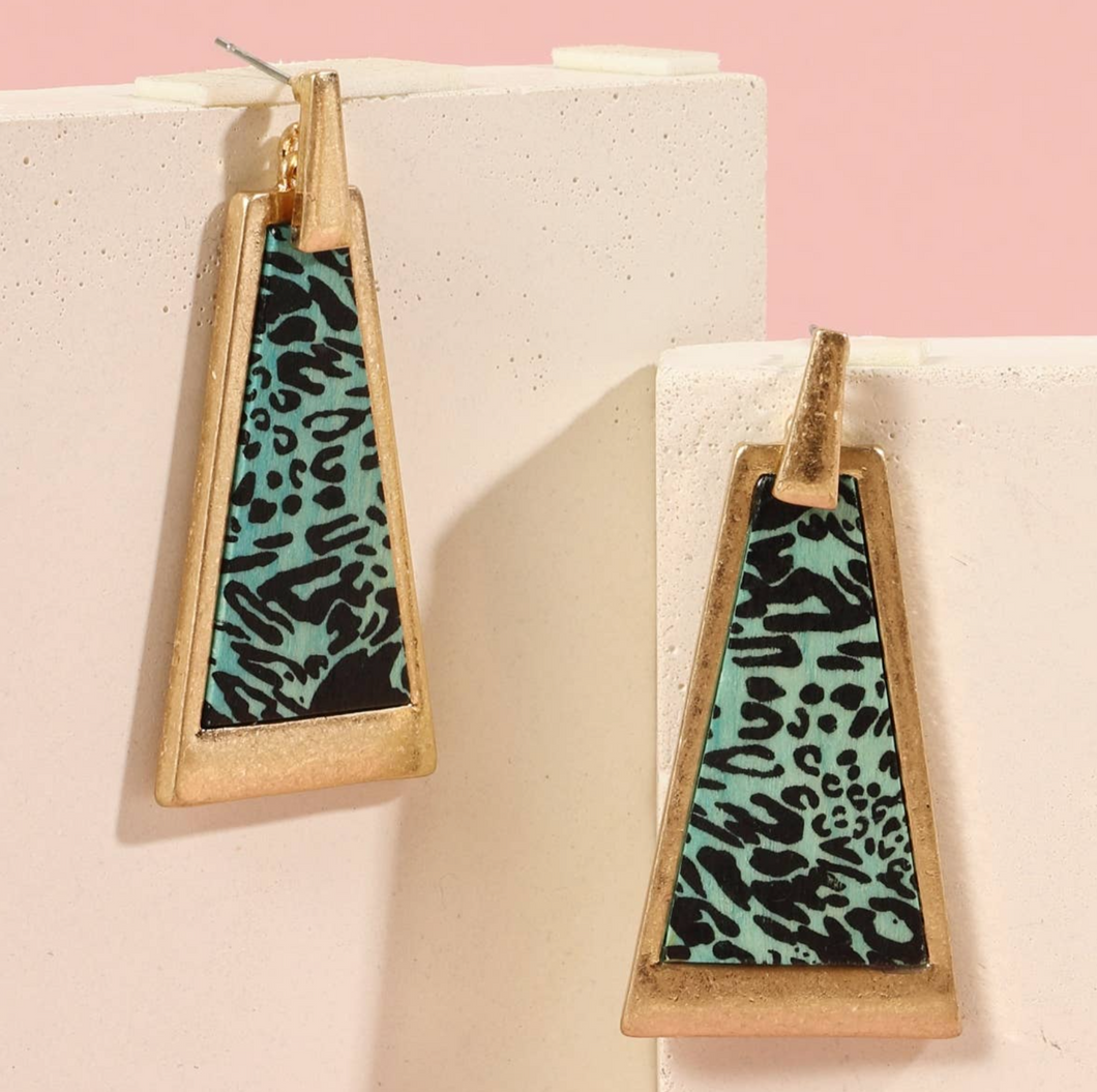 Leopard Print Wooden Trapezoid Earrings - Turquoise