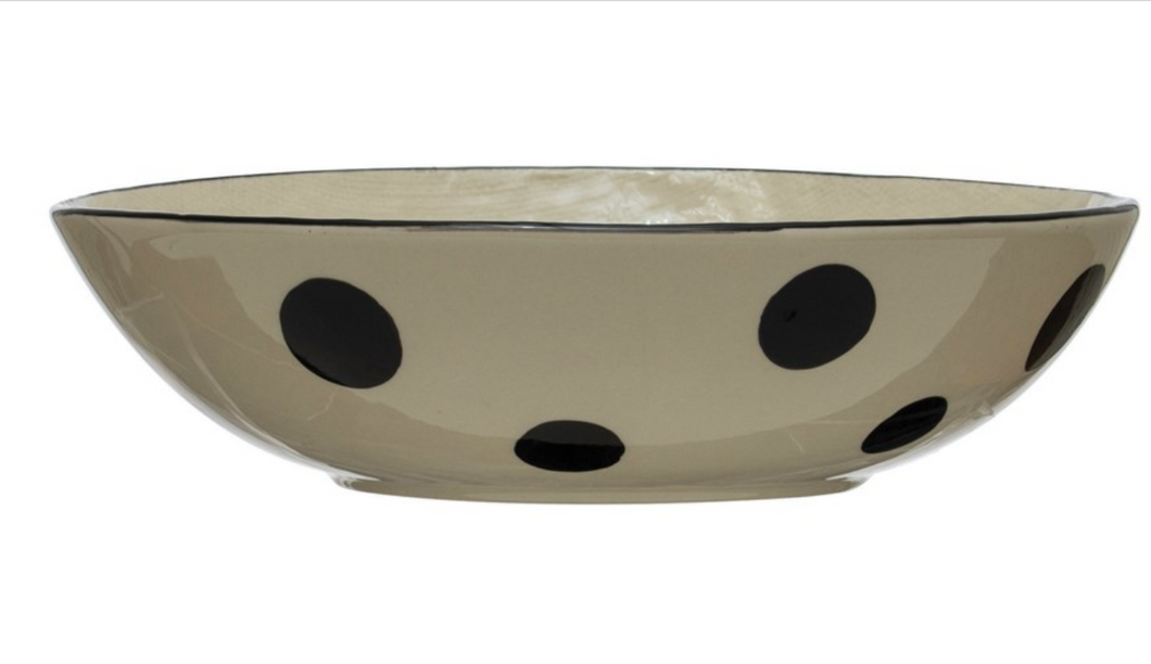 Hand-Painted Stoneware Serving Bowl, Black & White Dots