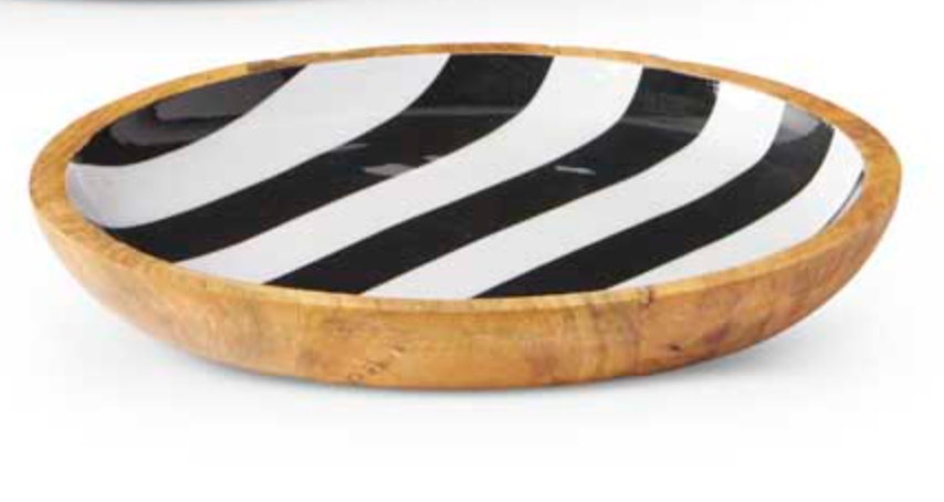 Wooden Black & White Striped Plates w/Enamel Inside
