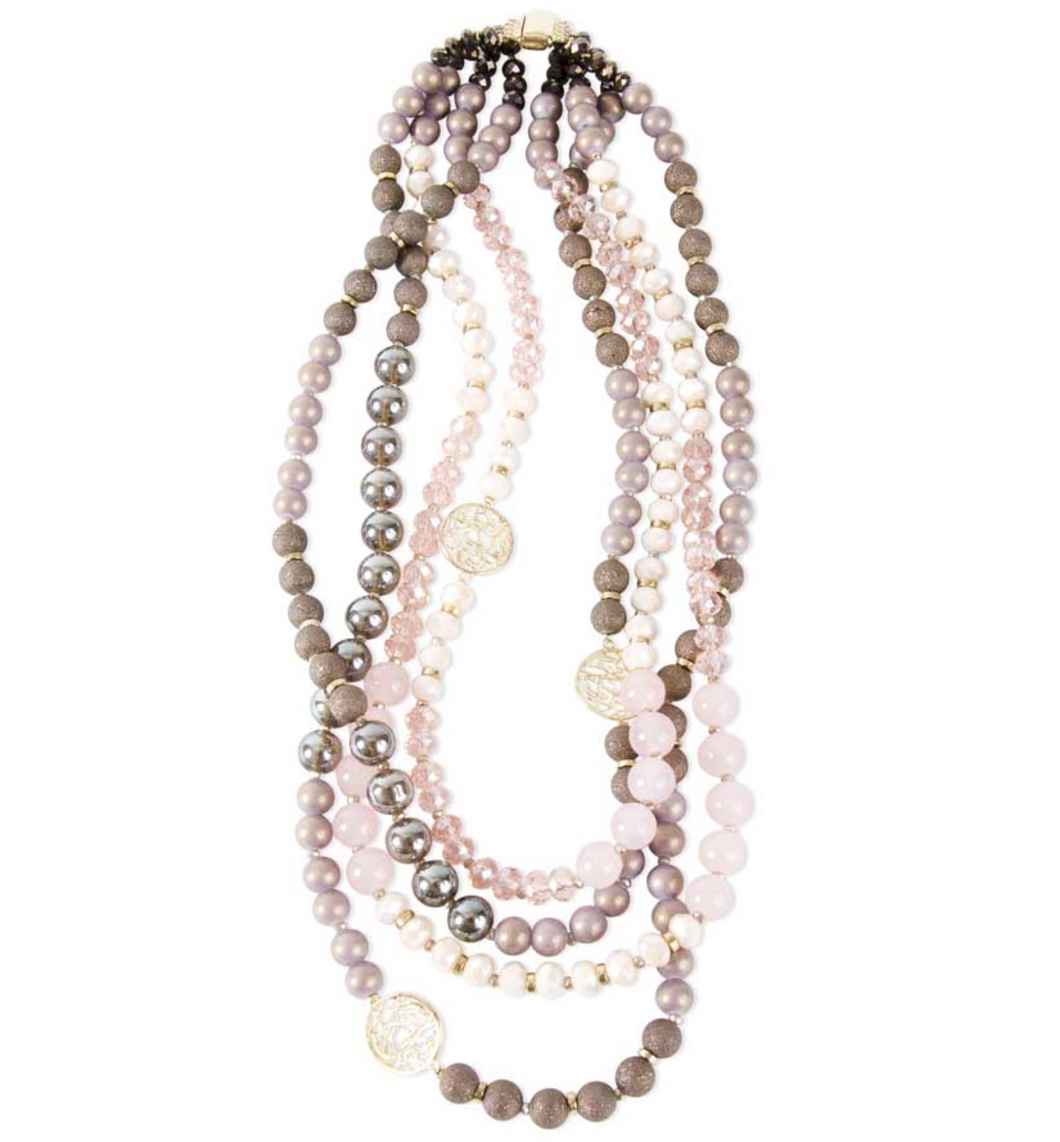 Pink and Plum Four Strand Crystal Bead Necklace