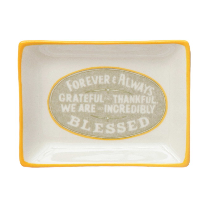 Stoneware Plate w/ Saying & Yellow Rim, Multi Color