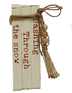 Wood Block Faux Books w/ Holiday Saying, Wood Beads & Jute Tie, White & Red