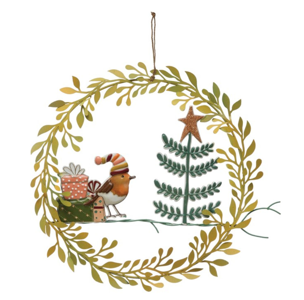 Metal Wreath w/ Bird & Christmas Tree, Multi Color