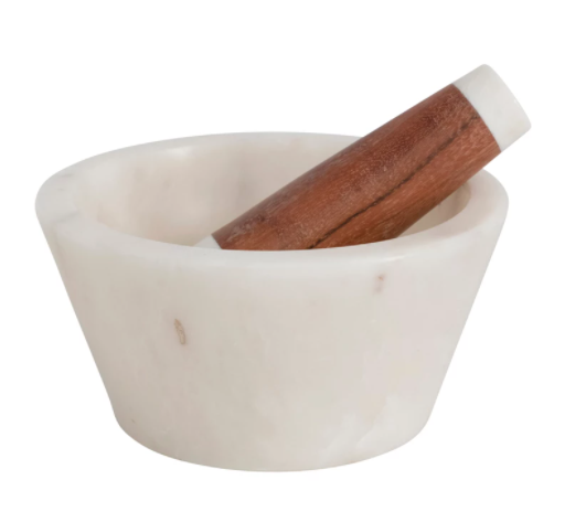 Round Marble w/ Wood Pestle & Mortar