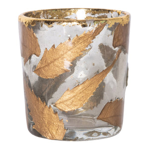 Glass Tealight Holder w/ Gold Leaves