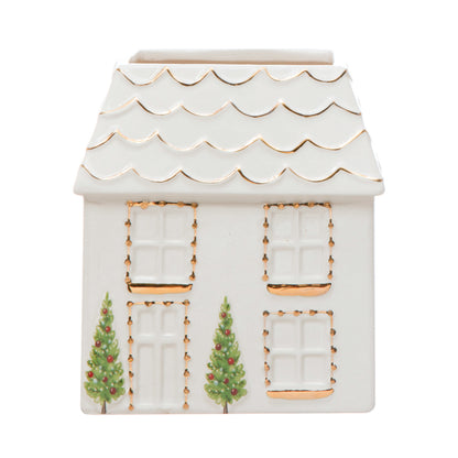 Stoneware House Vase w/ Gold Electroplating, White