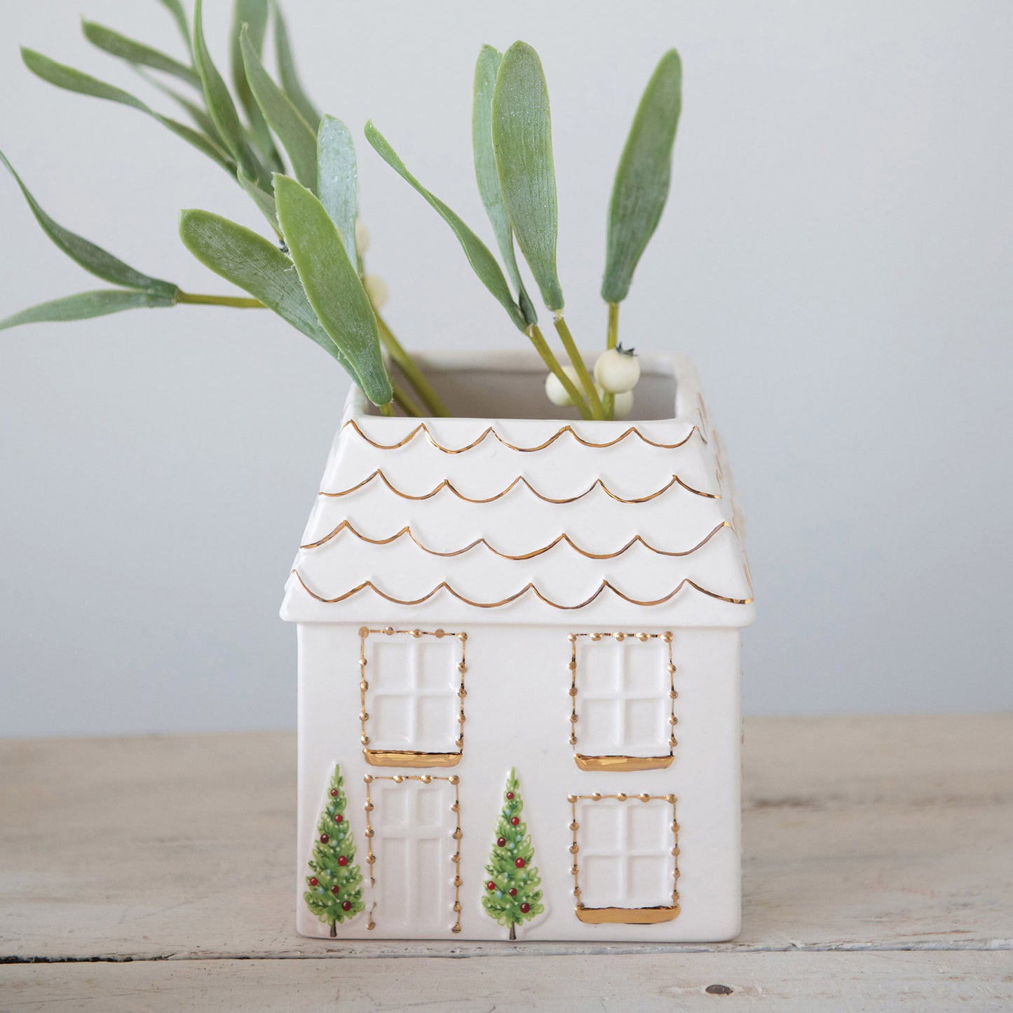 Stoneware House Vase w/ Gold Electroplating, White