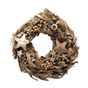 Round Dried Pine & Eucalyptus Wreath w/ Stars & Berries, Silver Finish