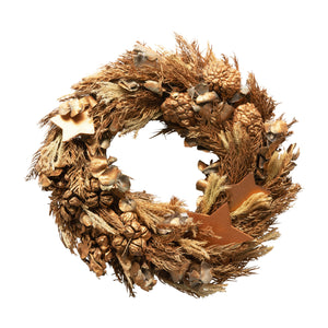 Round Dried Pine & Eucalyptus Wreath w/ Stars & Berries, Gold Finish