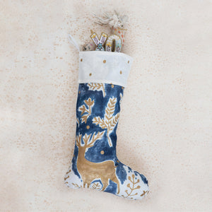 Cotton Stocking w/ Deer, Cream, Blue & Gold Color