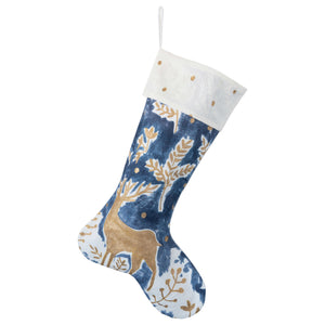Cotton Stocking w/ Deer, Cream, Blue & Gold Color