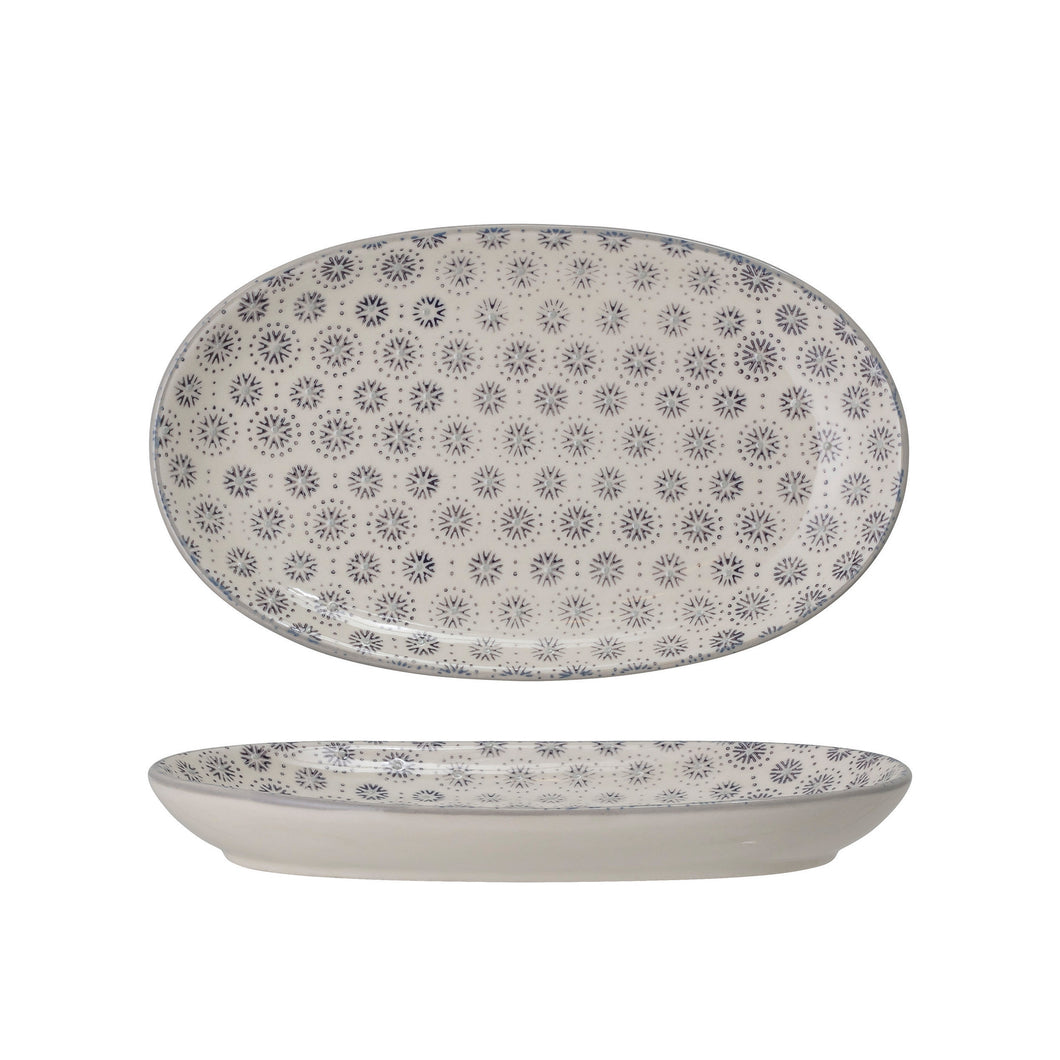 Stoneware Dish with Grey Hand-Stamped Pattern, Cream Color