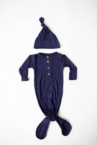 Knotted Baby Gown and Hat Set  - Navy Blue