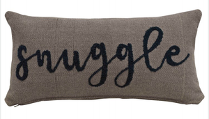 Woven Cotton Lumbar Pillow w/ Embroidered "Snuggle"