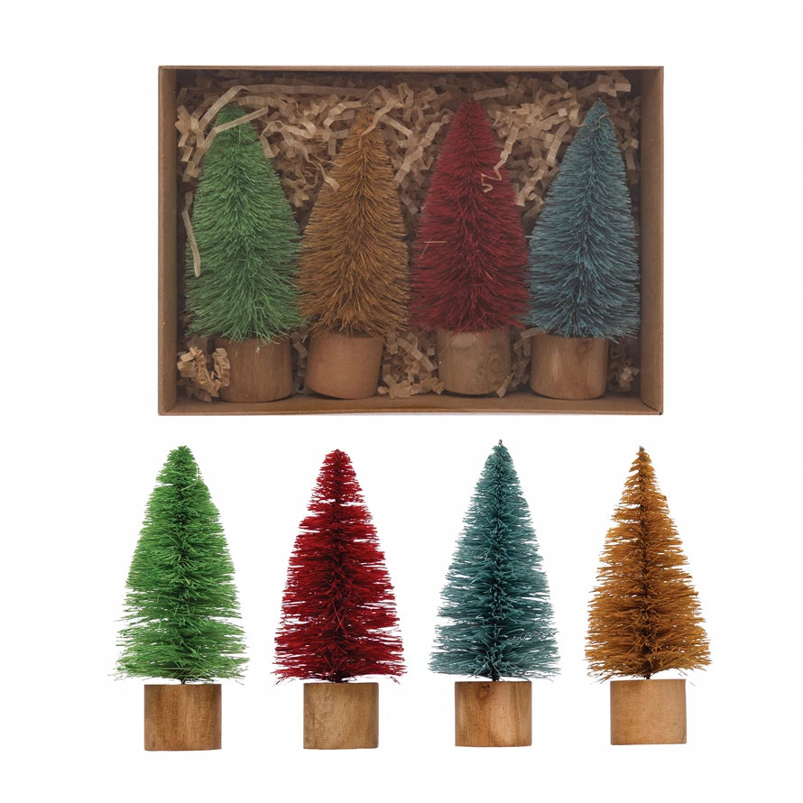 Sisal Bottle Brush Trees with Wood Bases, Boxed Set of 4