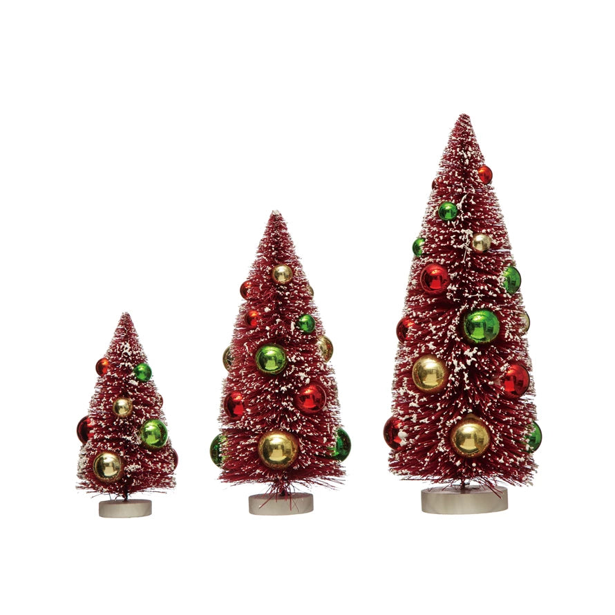 Bottle Brush Trees with Ornaments and Wood Bases