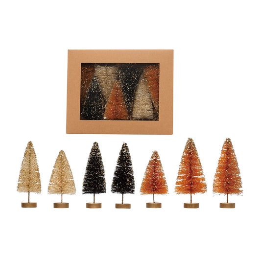 Brown/Green Sisal Bottle Brush Trees, Boxed Set of 7