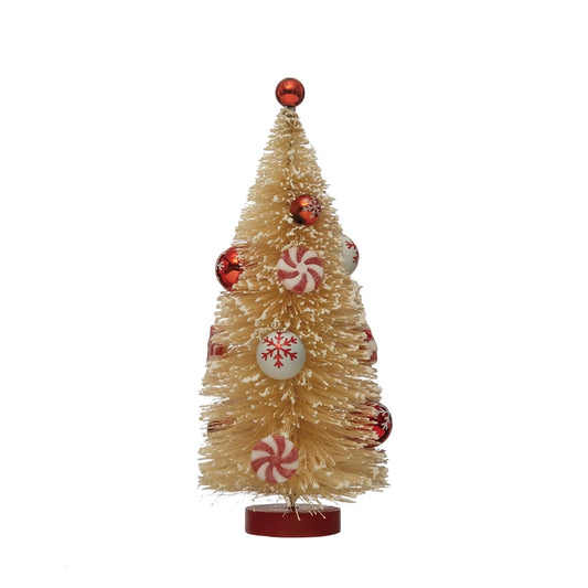 Sisal Bottle Brush Christmas Tree with Red Ornaments and Peppermints